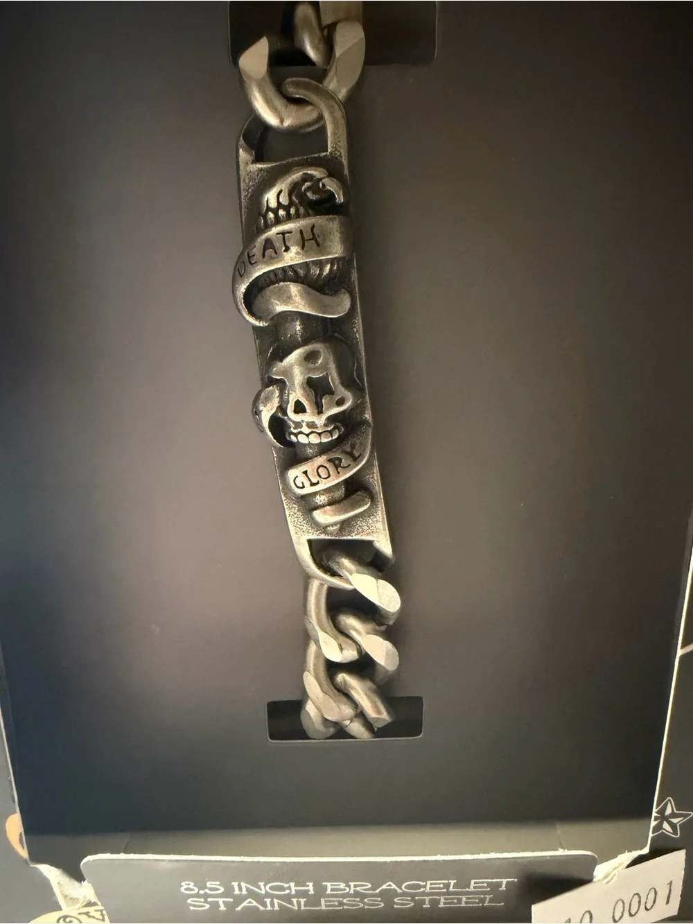 Ed Hardy Black Stainless Steel Skull & Ribbon Link Bracelet